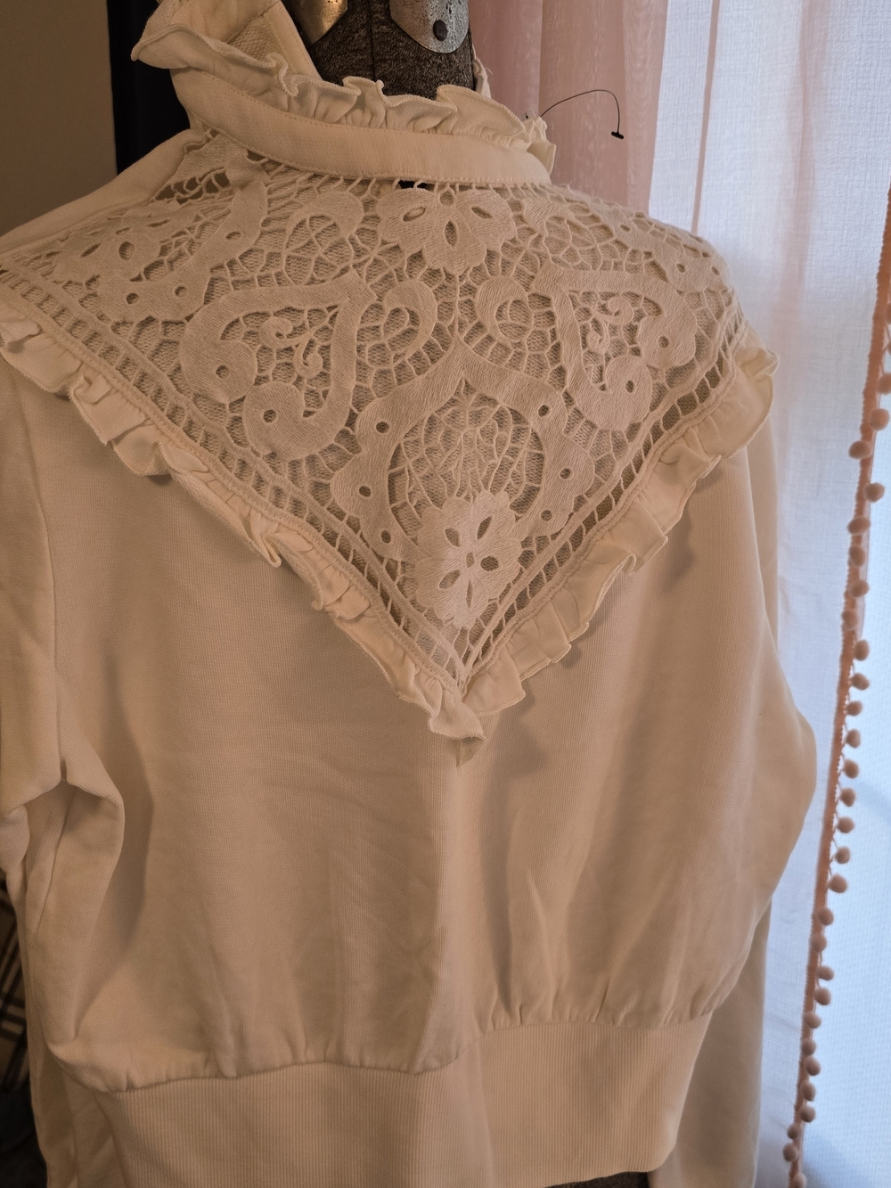 Express Cream Lace Yoke Ruffle Mock Neck Sweatshirt